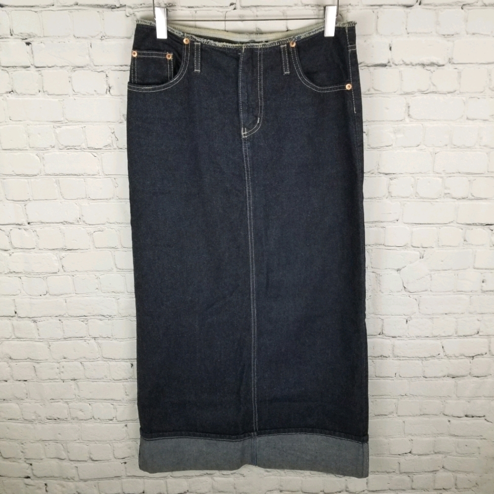 MANAGER | long high slit cuffed denim skirt